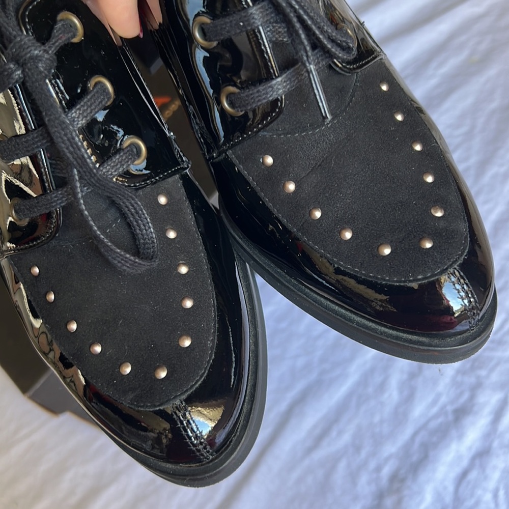 Fades by Lodi block 3” heel shoes classic laced black leather sz.39 glossy Spain - Picture 10 of 17